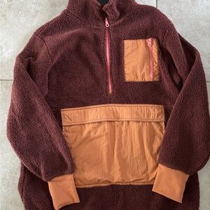Aerie Cozy Burgundy and Orange Fleece Pullover